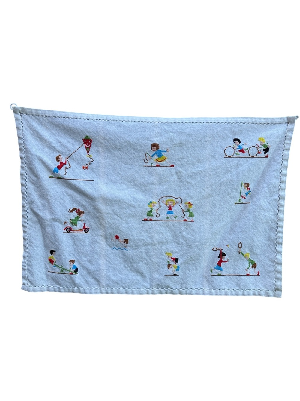 Vintage Hand Embroidered Children’s Playtime Textile/Café Curtain 29.5”x20”